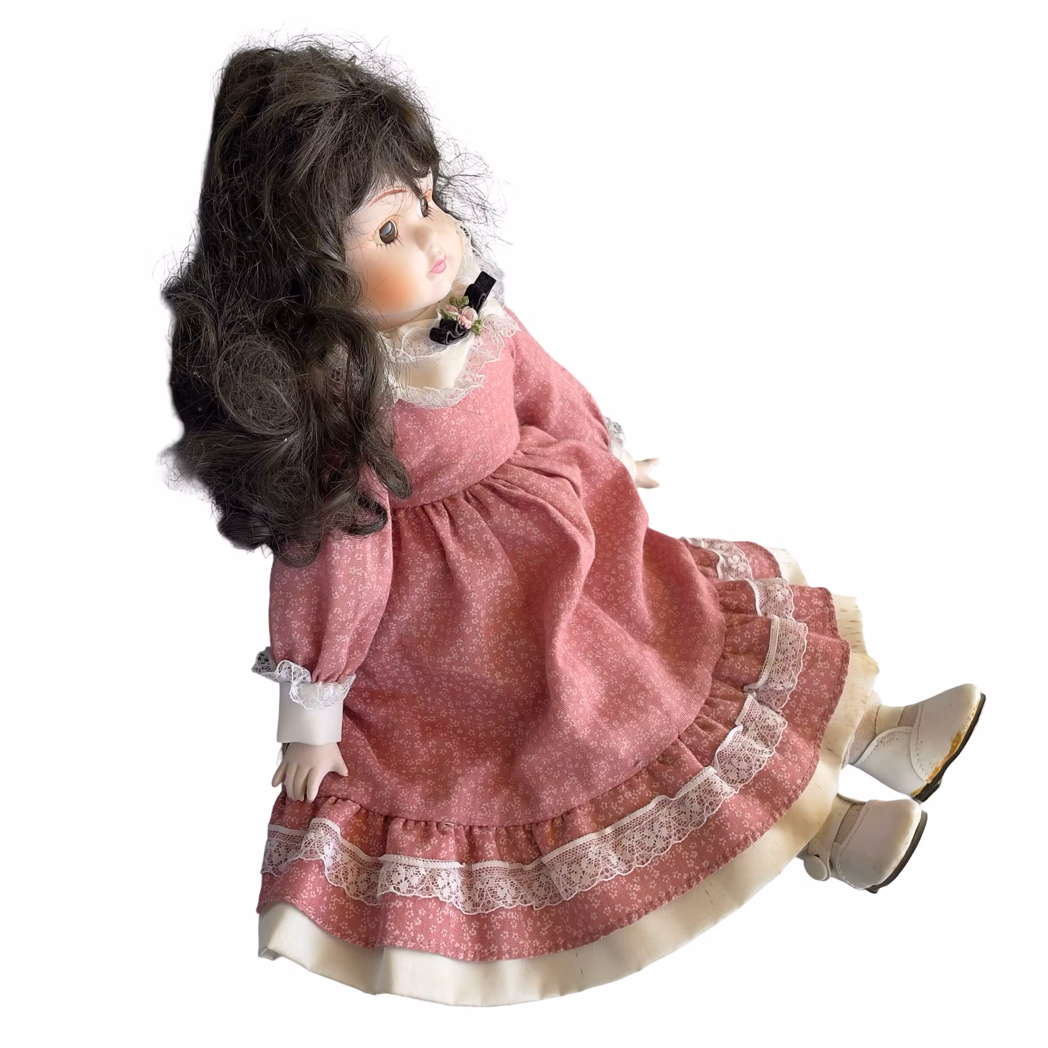 Porslins docka - Vintage stil med rosa klänning - H 40 cm