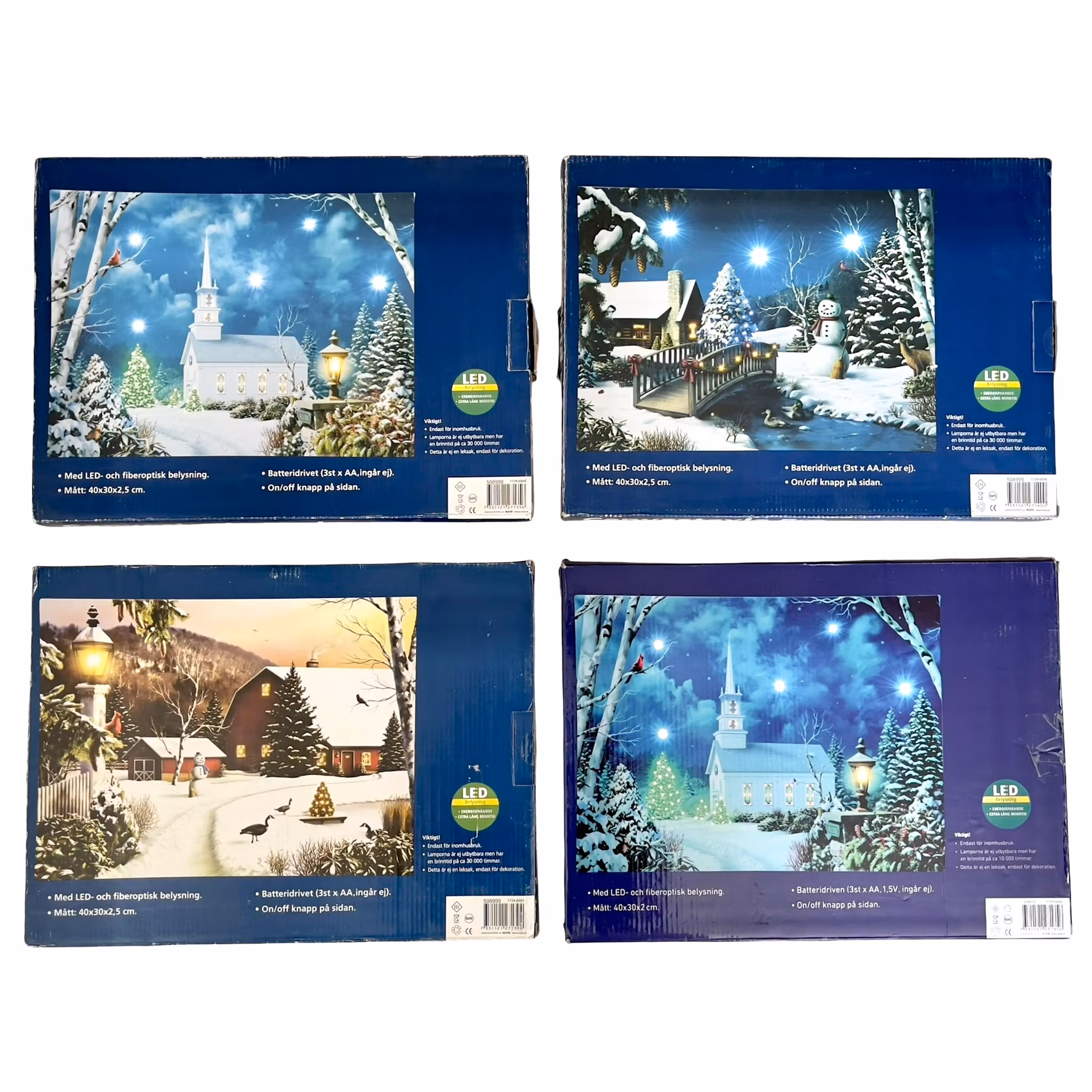 LED Canvas tavlor 4 st - Julmotiv med fiberoptisk belysning - Kyrka, Bro & Lada - Mysig vinterdekor