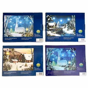 LED Canvas tavlor 4 st - Julmotiv med fiberoptisk belysning - Kyrka, Bro & Lada - Mysig vinterdekor