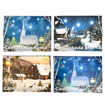 LED Canvas tavlor 4 st - Julmotiv med fiberoptisk belysning - Kyrka, Bro & Lada - Mysig vinterdekor