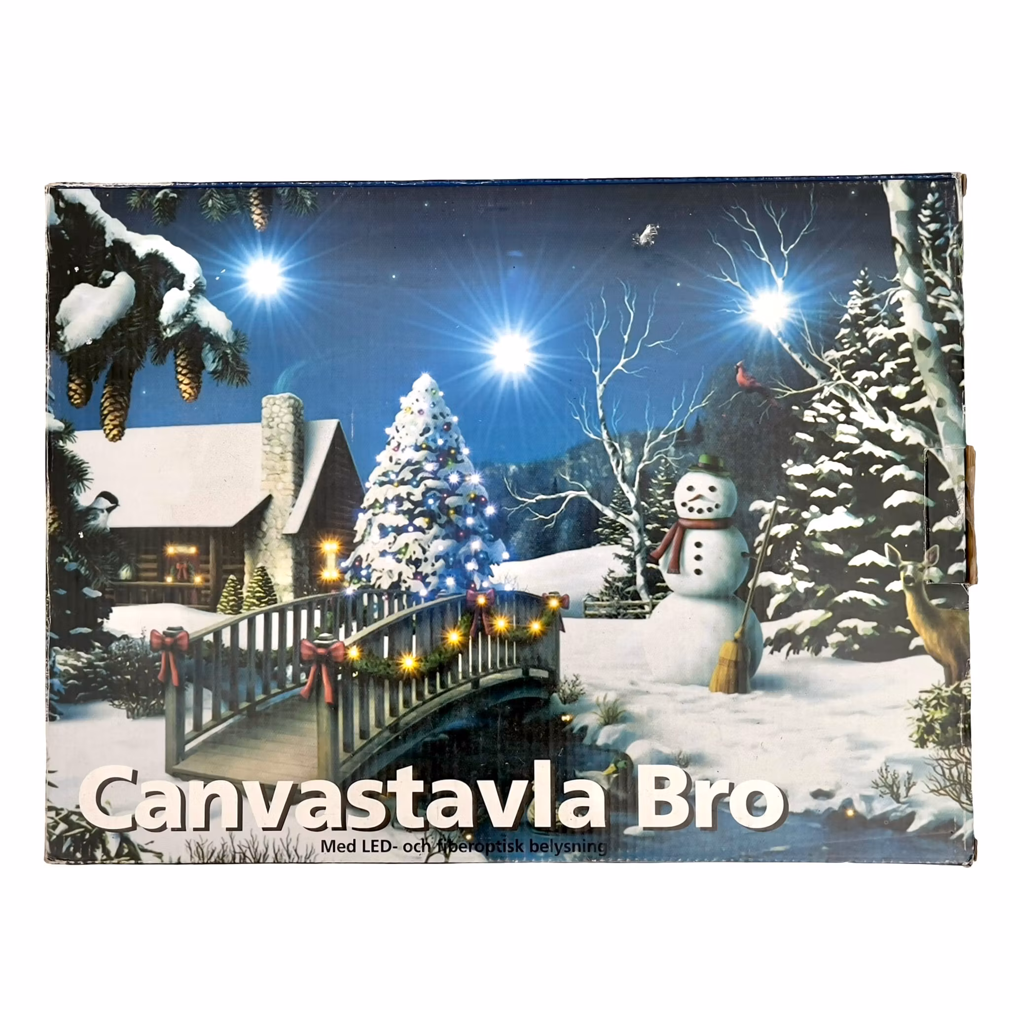 LED Canvas tavlor 4 st - Julmotiv med fiberoptisk belysning - Kyrka, Bro & Lada - Mysig vinterdekor