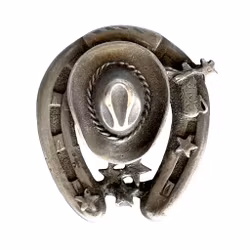 Vintage-Brosche aus Zinn im Western-Stil – Hufeisen, Cowboyhut, Stiefel und Sterne