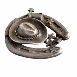 Vintage-Brosche aus Zinn im Western-Stil – Hufeisen, Cowboyhut, Stiefel und Sterne