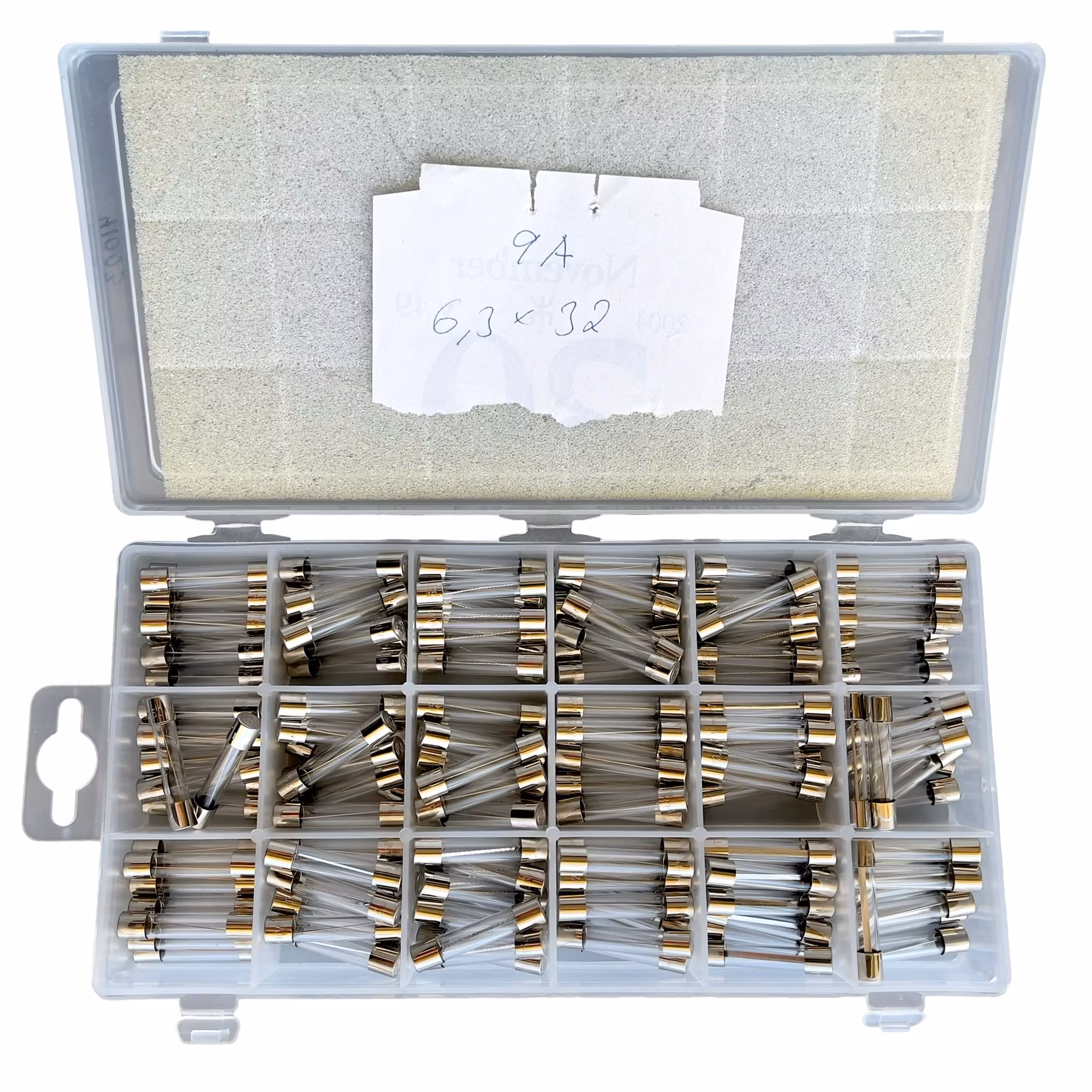 Stort parti glasrörs säkringar i sortiments askar - 4 askar