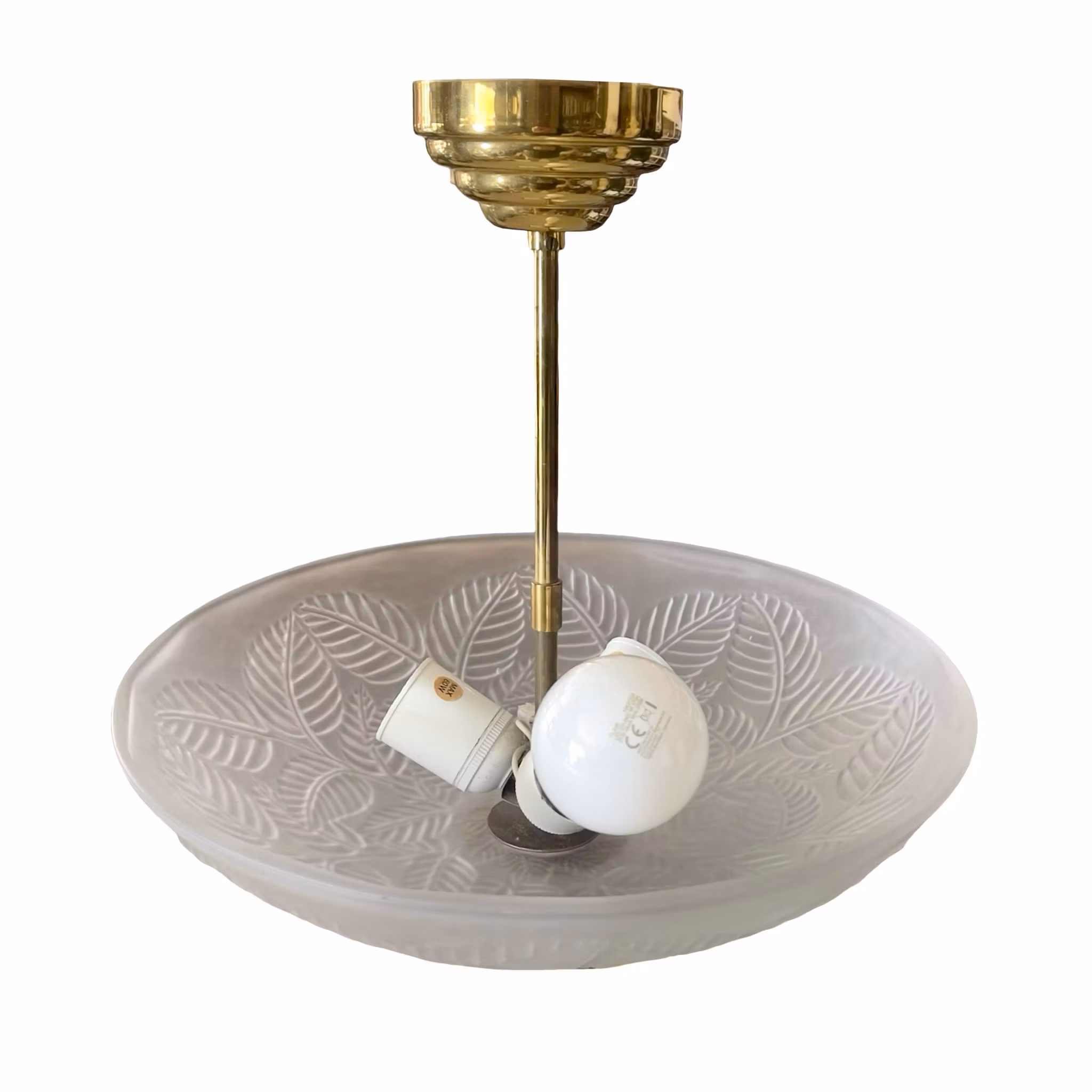 Taklampa / Plafond i frostat glas med bladmönster - Mässings detalj - Sweden