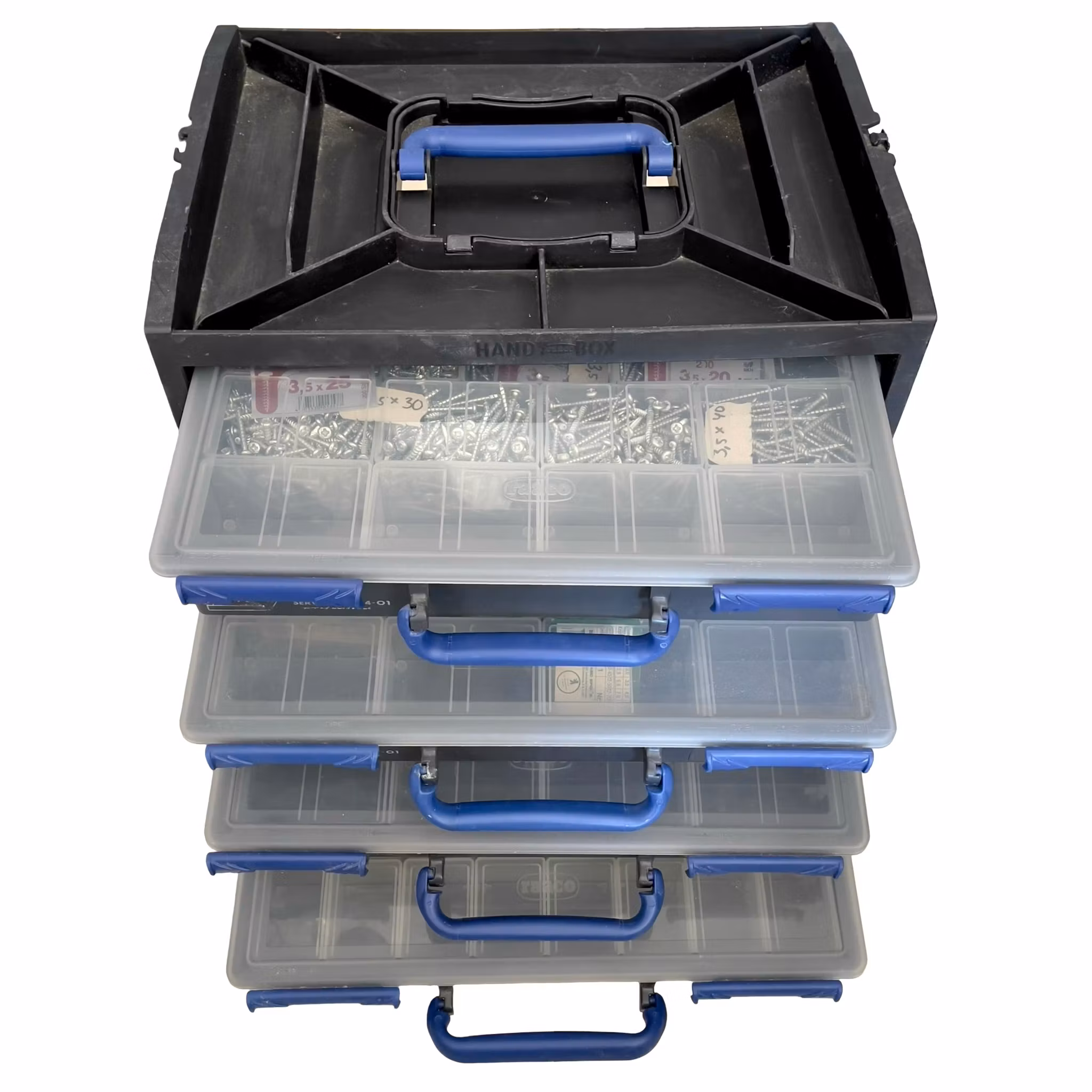 Sortimentslåda med skruv - SPAX m.fl. - Flera lådor - Välorganiserad