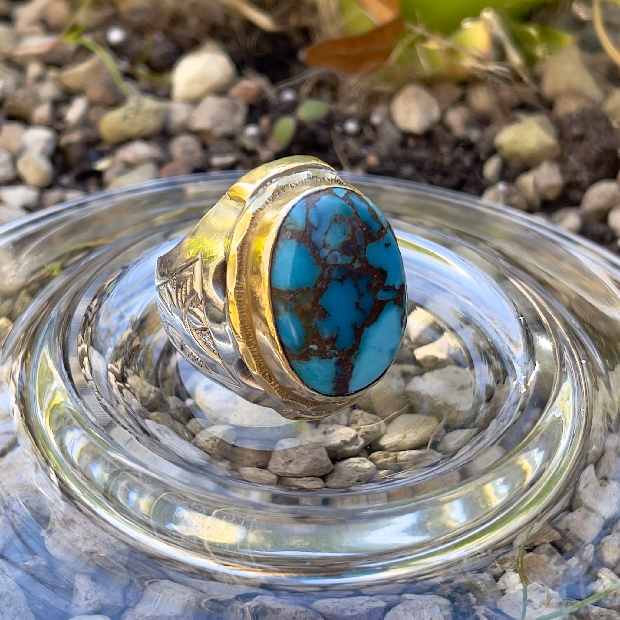 Vintage silverring med ca 26 ct Nishapuri turkos - Hand graverad ring