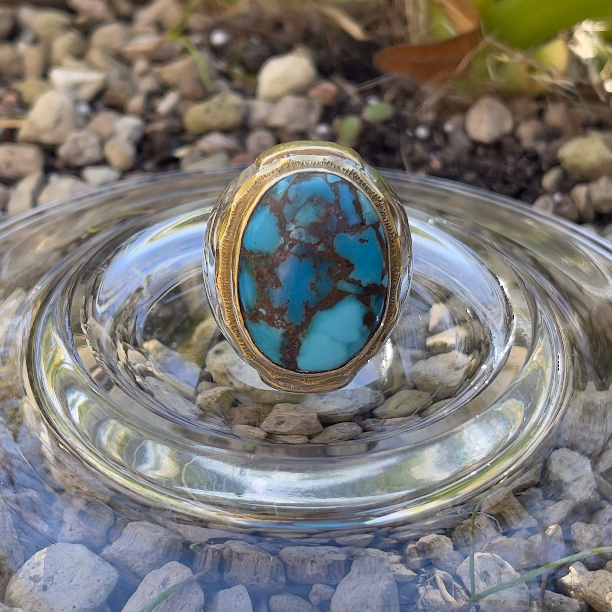 Vintage silverring med ca 26 ct Nishapuri turkos - Hand graverad ring