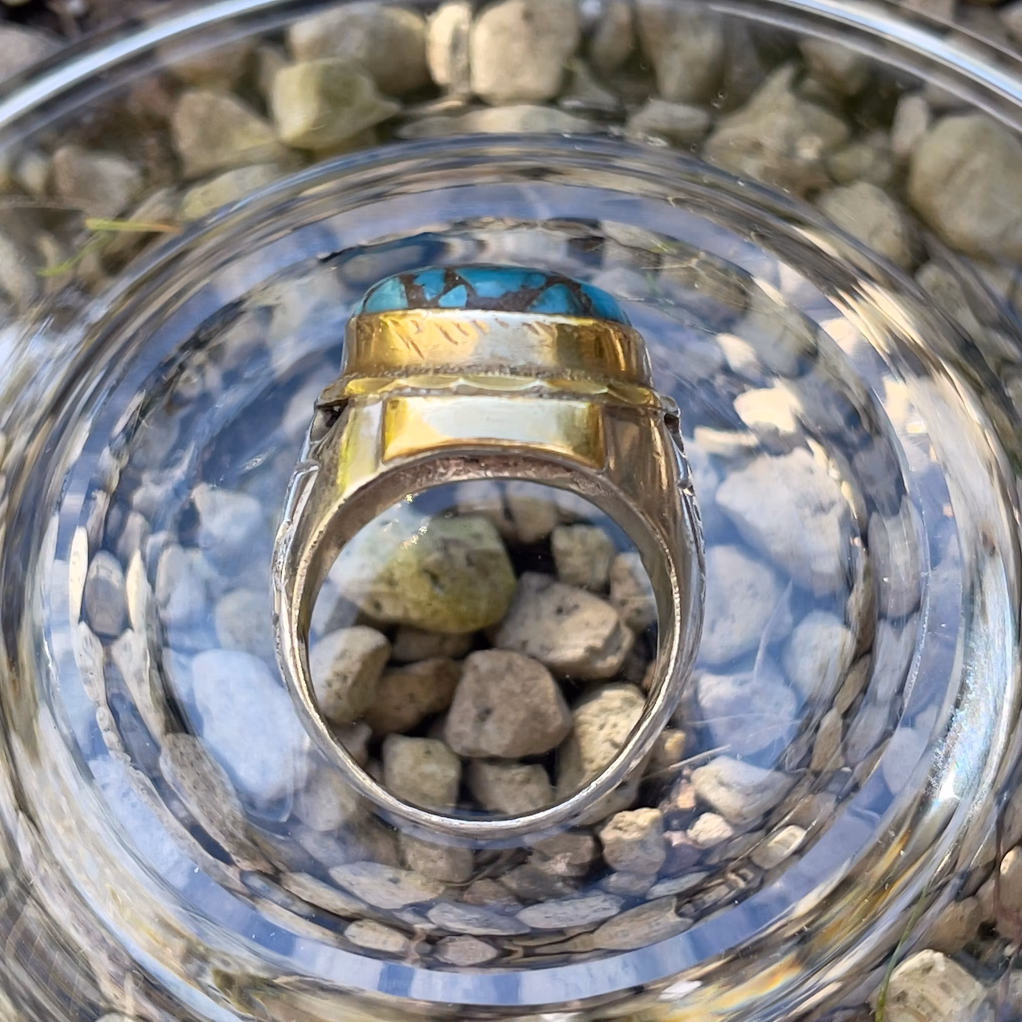 Vintage silverring med ca 26 ct Nishapuri turkos - Hand graverad ring