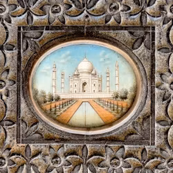 Antieke boekenkast / vitrinekast - Gouache miniatuur, geëboniseerd, gesneden houten frame - Taj Mahal-motief