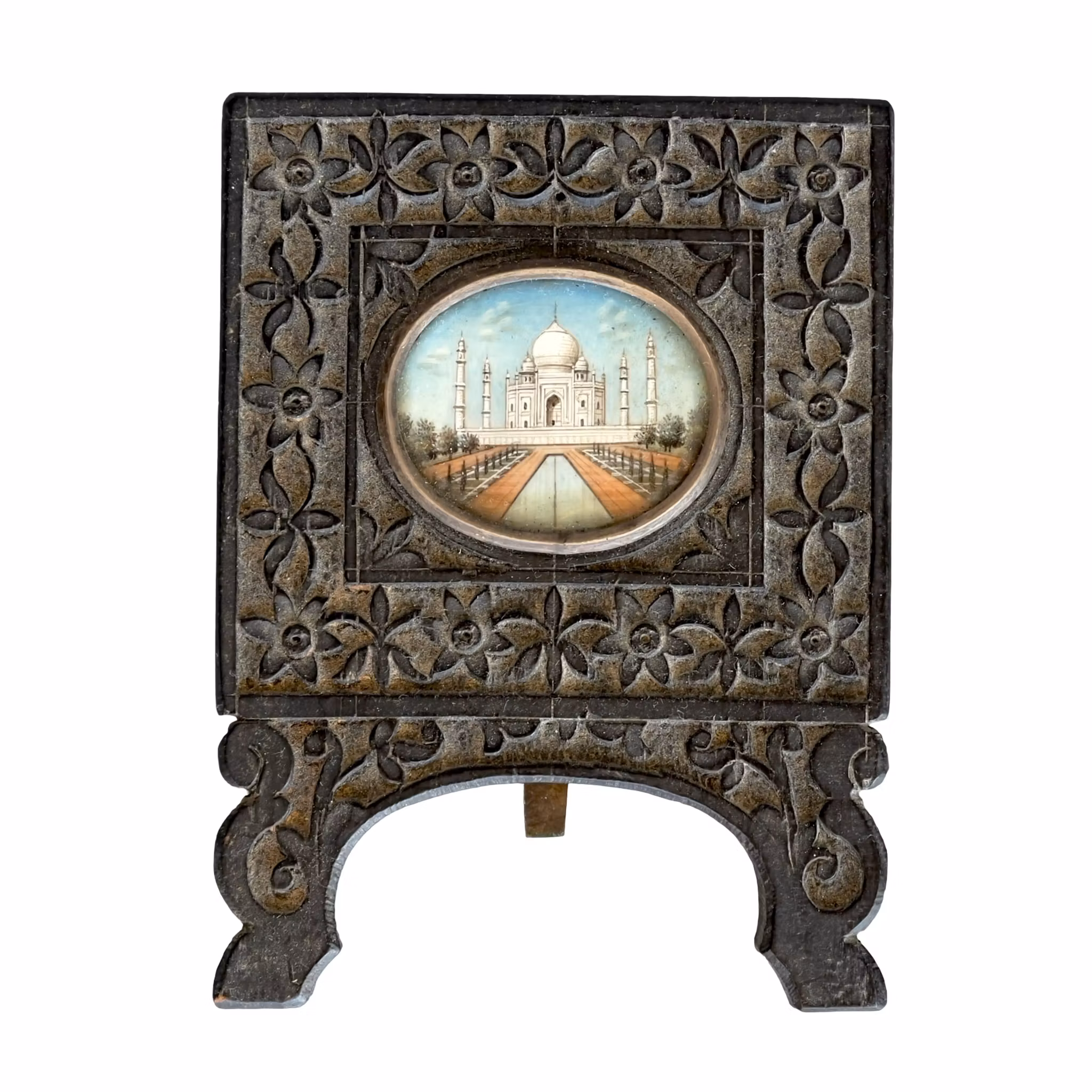 Antikt bokställ / displayställ - Gouache miniatyr, Eboniserad snidad träram - Taj Mahal motiv