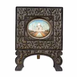 Antieke boekenkast / vitrinekast - Gouache miniatuur, geëboniseerd, gesneden houten frame - Taj Mahal-motief