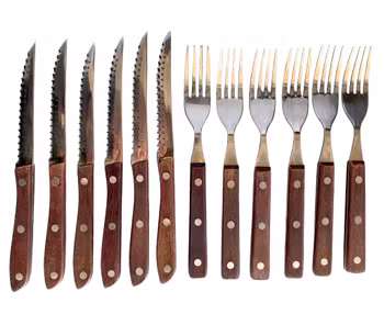 Aterinsetti - 6 pihviveistä ja 6 haarukkaa - Puinen kahva (ruostumaton teräs)