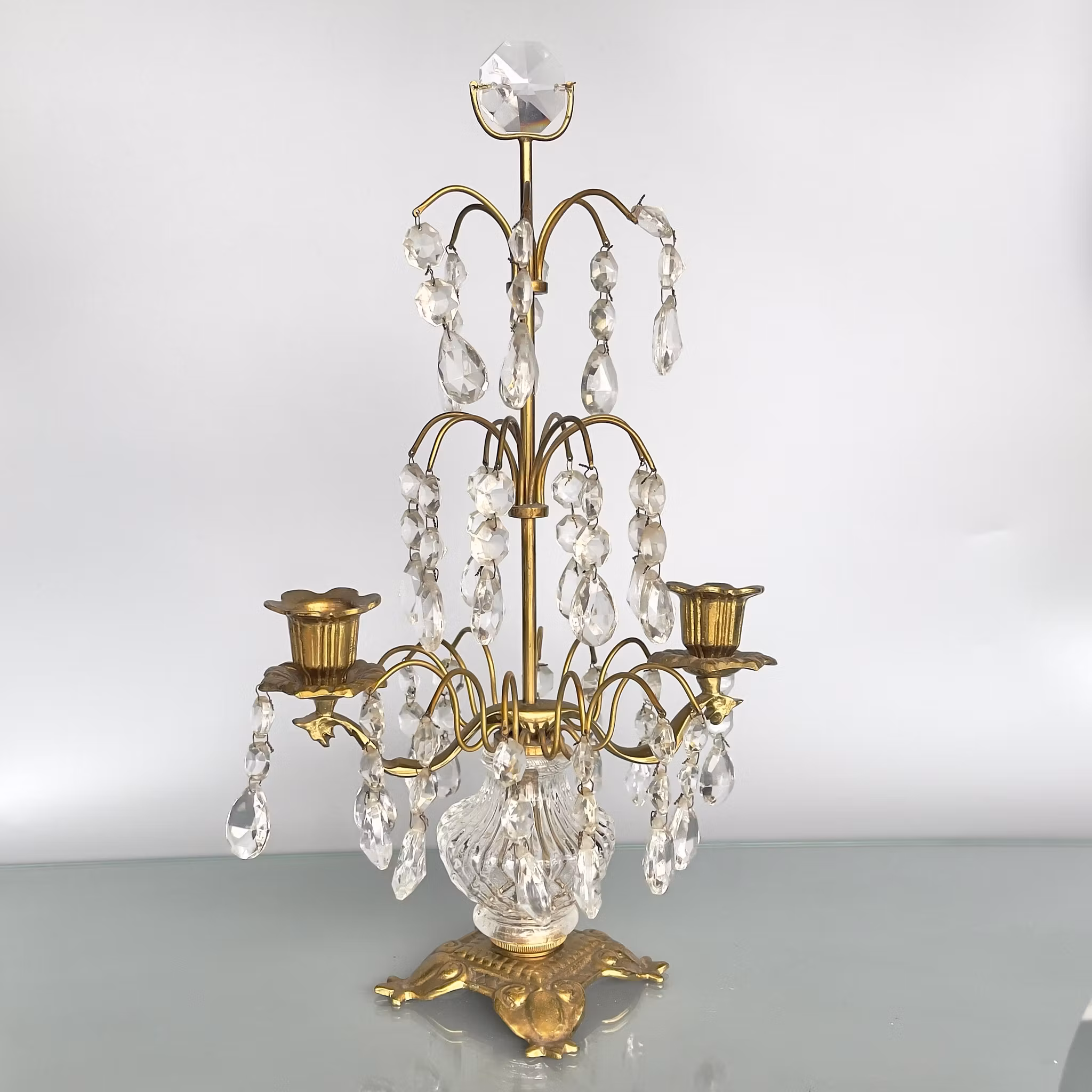 Vintage kristall kandelaber - 2 Armad bords ljusstake i mässing