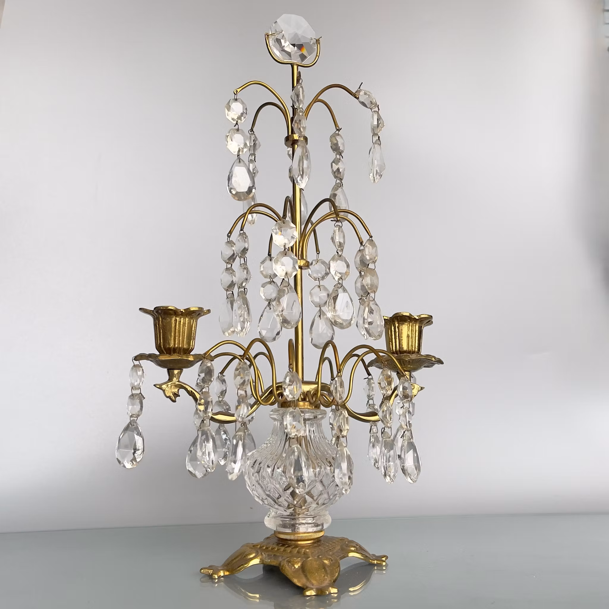 Vintage kristall kandelaber - 2 Armad bords ljusstake i mässing