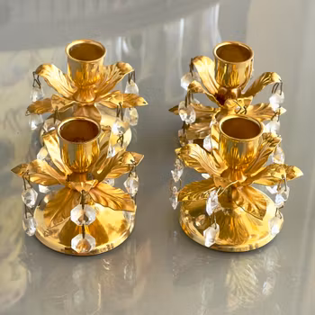 4 gold-colored candlesticks with prisms - Vintage romantic style