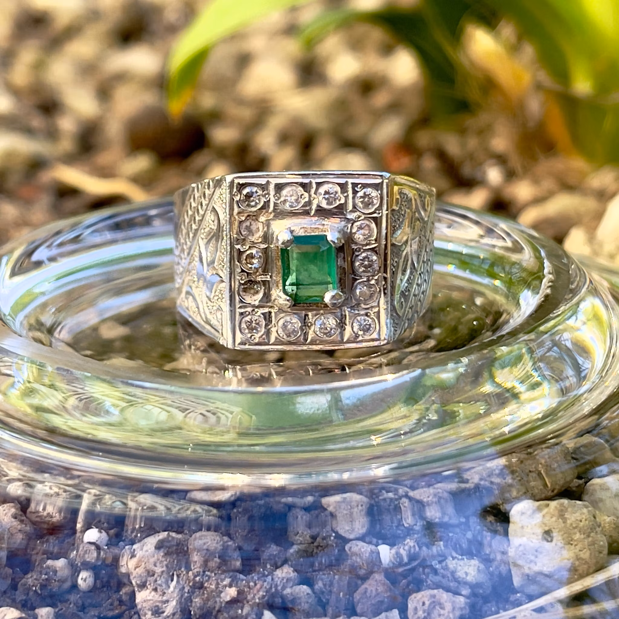 Sterling Silver Ring med ca 0.85 ct Naturlig Smaragd - Kraftig vintage modell