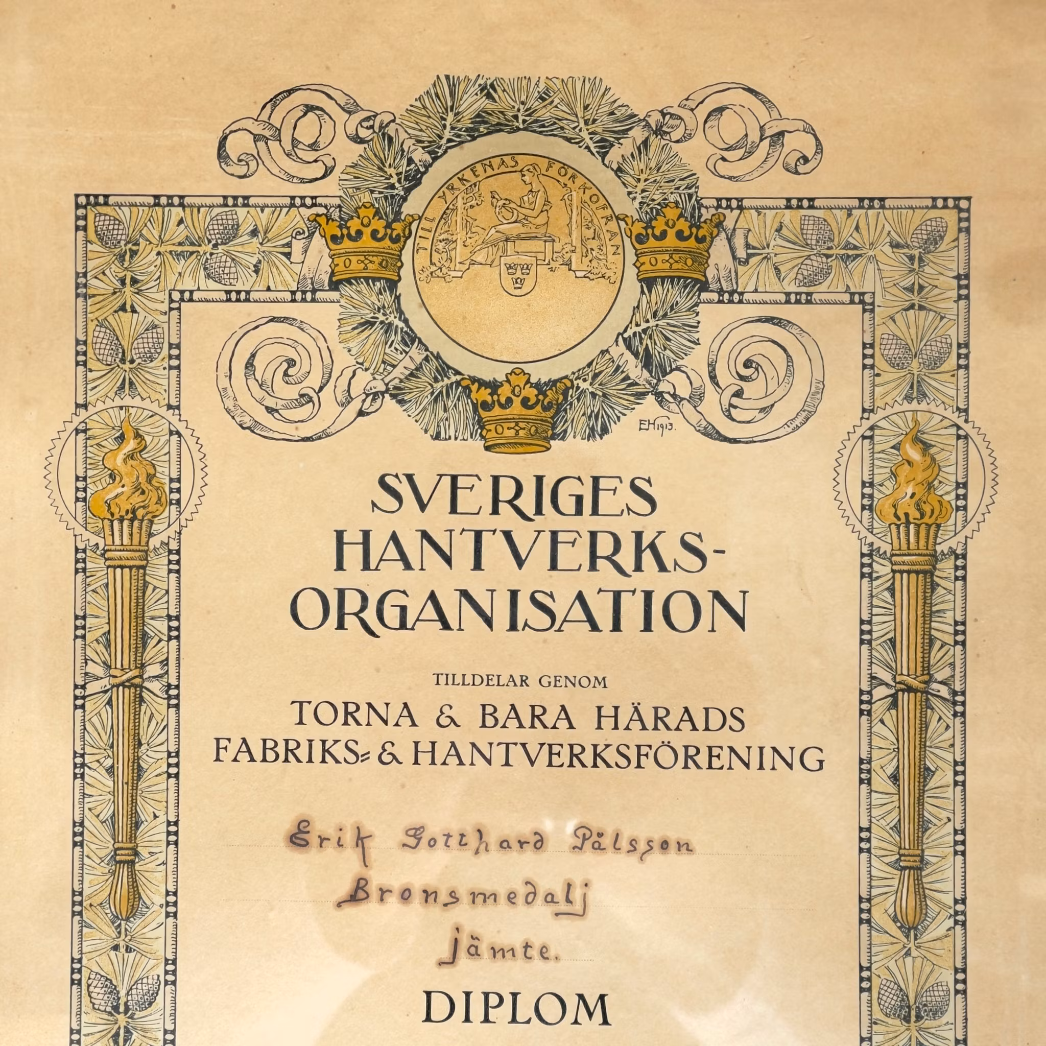 Unikt inramat diplom från 1939 - Sveriges Hantverks organisation / Möbelsnickare