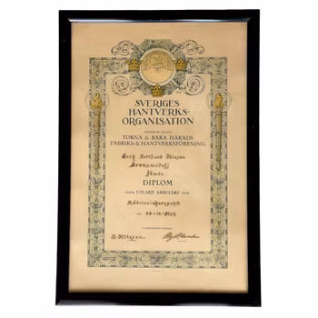 Unikt inramat diplom från 1939 - Sveriges Hantverks organisation / Möbelsnickare