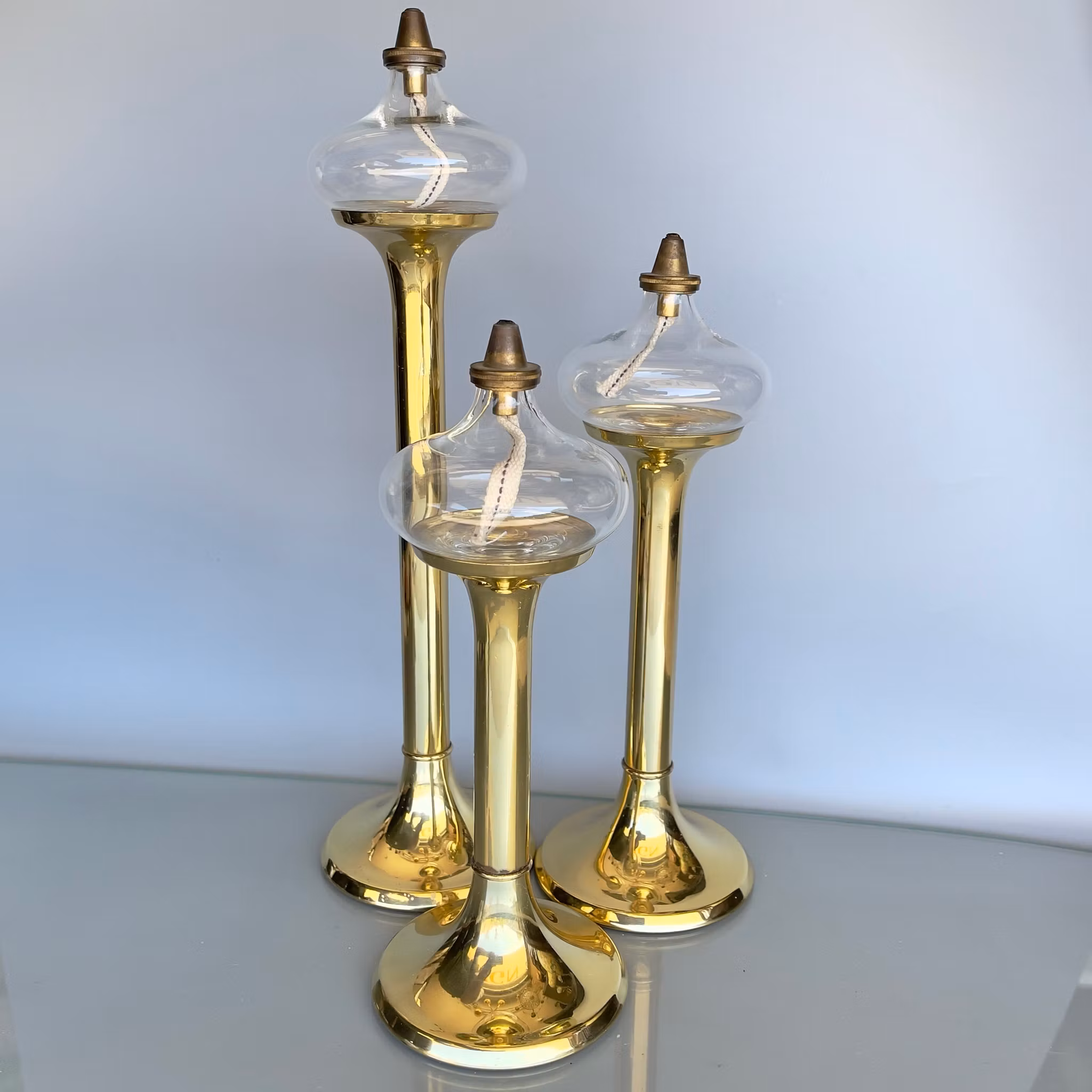 Vintage 3 st oljelampor - G.V. Harnisch, Köpenhamn - Mässing & glas