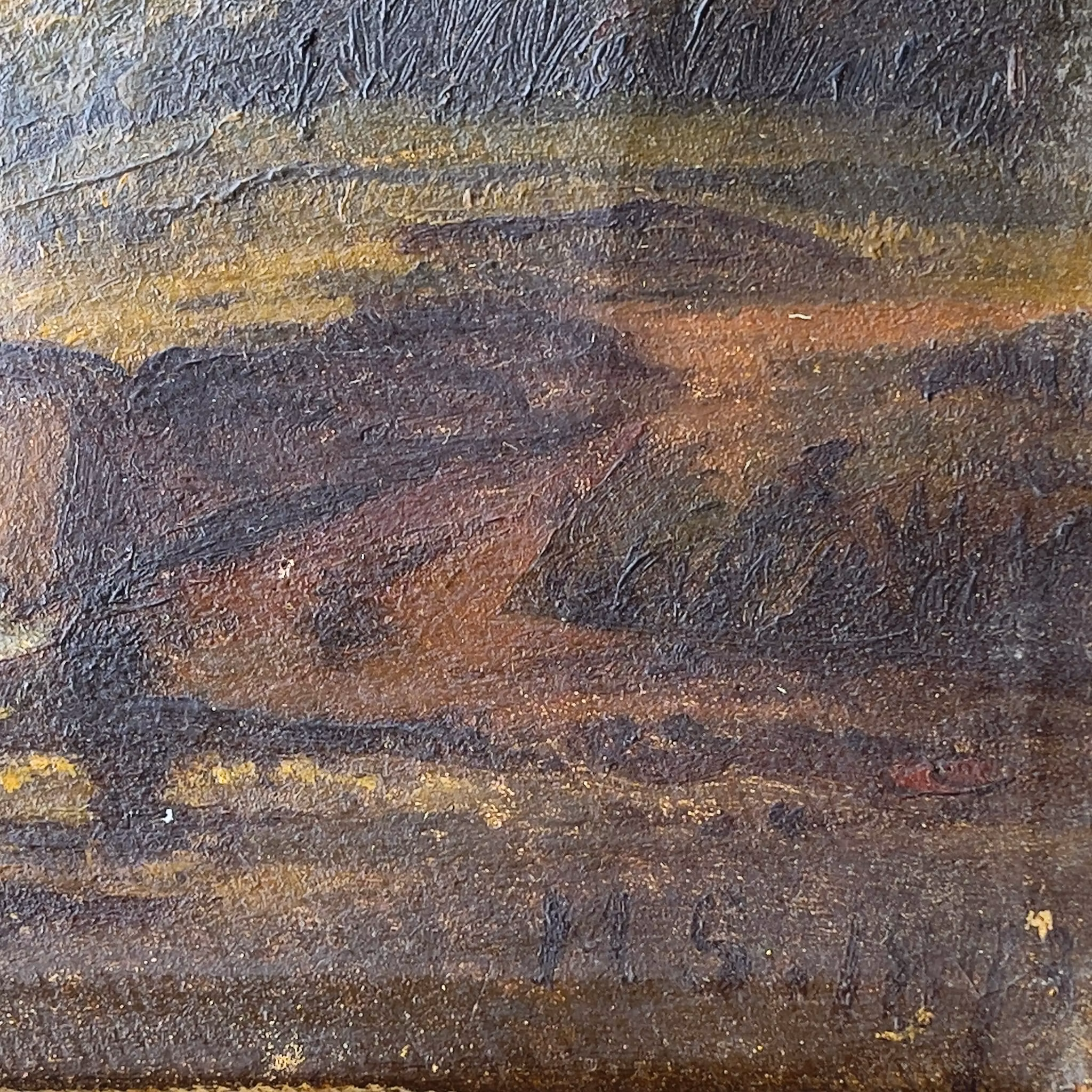 Antik oljemålning 1879 - signerad M.S - landskap med fors