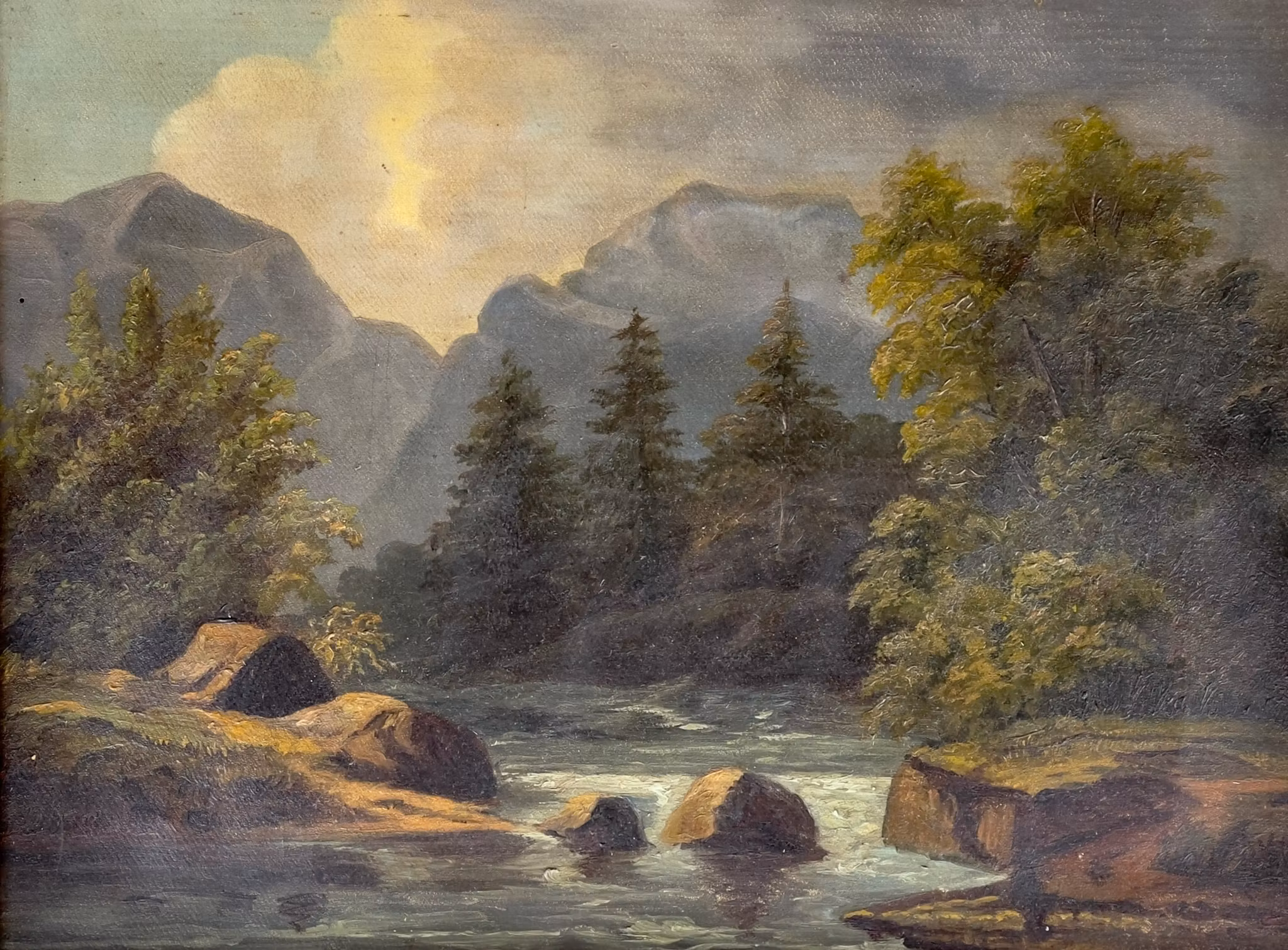Antik oljemålning 1879 - signerad M.S - landskap med fors