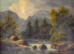 Dipinto ad olio antico del 1879 - firmato MS - paesaggio con rapide