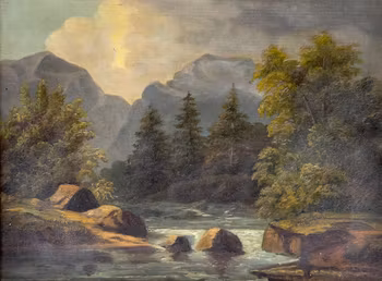 Antik oljemålning 1879 - signerad M.S - landskap med fors
