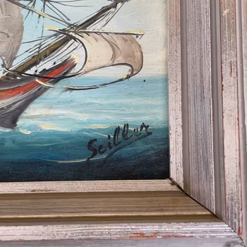 Vintage maritimt oljemaleri med seilskip - signert «Seiller»