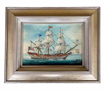 Vintage maritimt oljemaleri med seilskip - signert «Seiller»