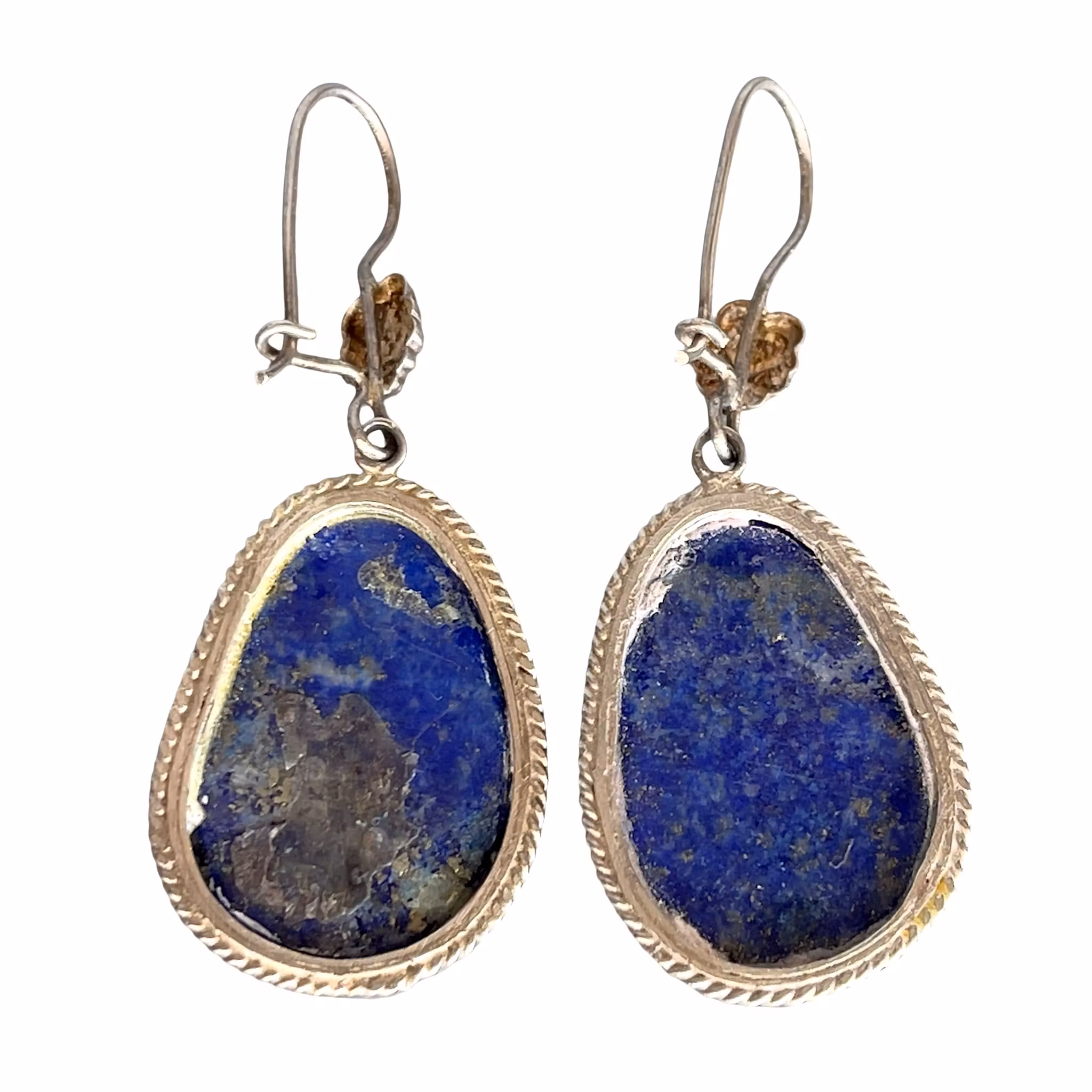 Vintage Silver örhängen med Naturlig Lapis Lazuli - Stora Dropp formade Cabochoner