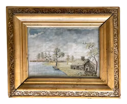 Antieke, handgeborduurde zijden decoratie met landschapsmotief in een verguld frame.