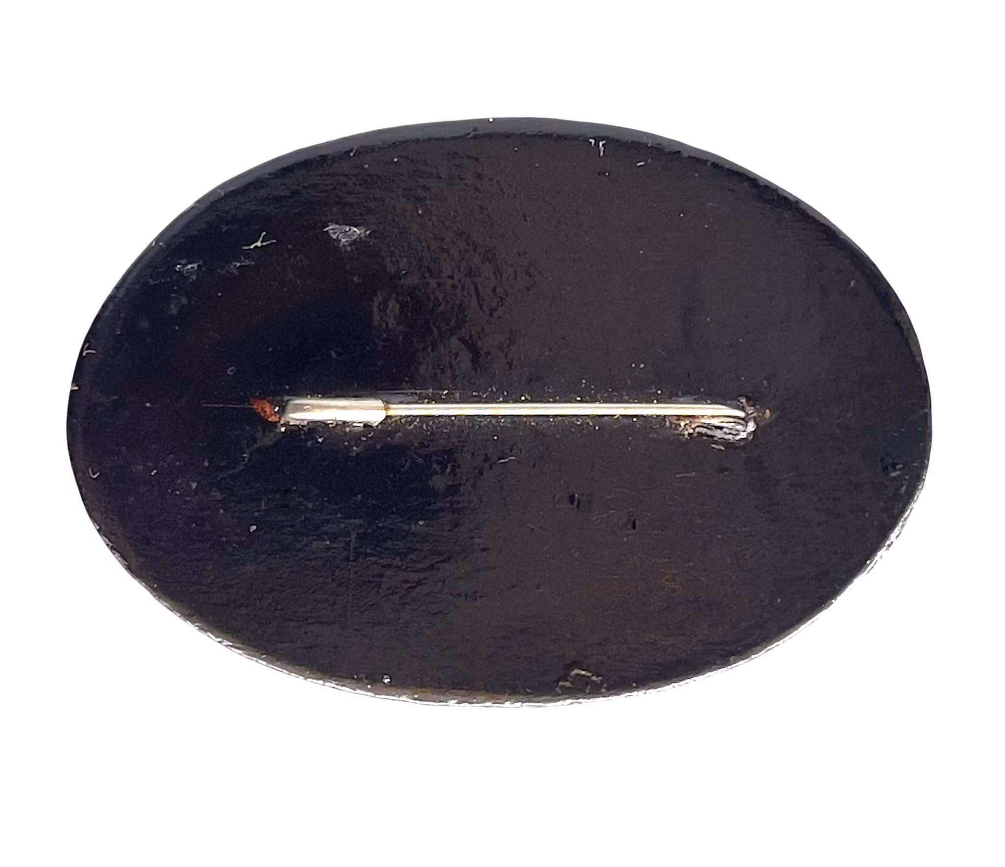 Antik handmålad brosch / miniatyr platta med fågelmotiv - svart lackarbete