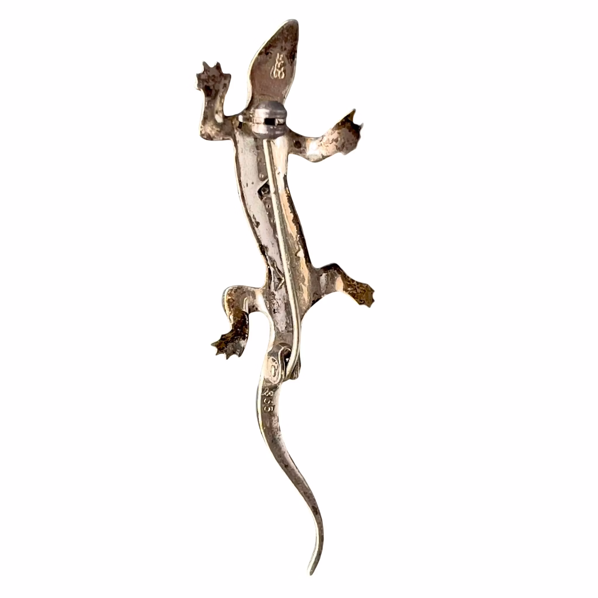 Antik Salamander Brosch, Ödla i 835 Silver med Markasiter
