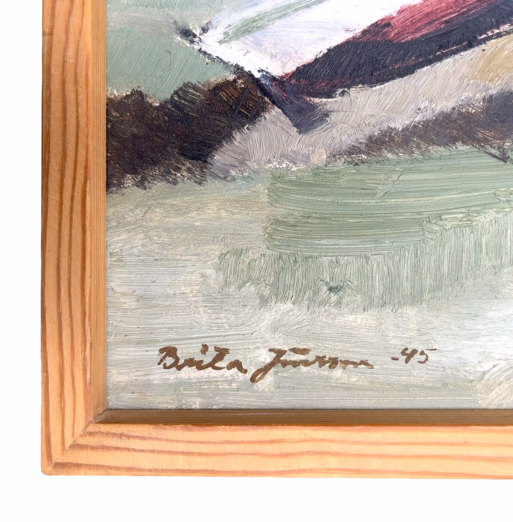 Brita Jönsson - Oliemaleri på træ - kystmotiv med både - Signeret 1945