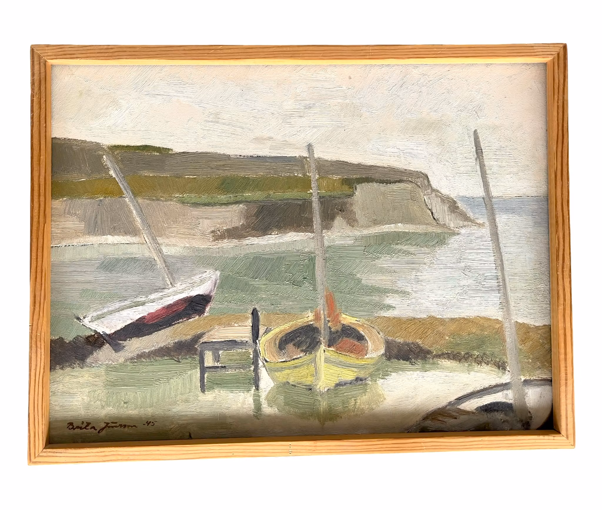 Brita Jönsson - Oliemaleri på træ - kystmotiv med både - Signeret 1945