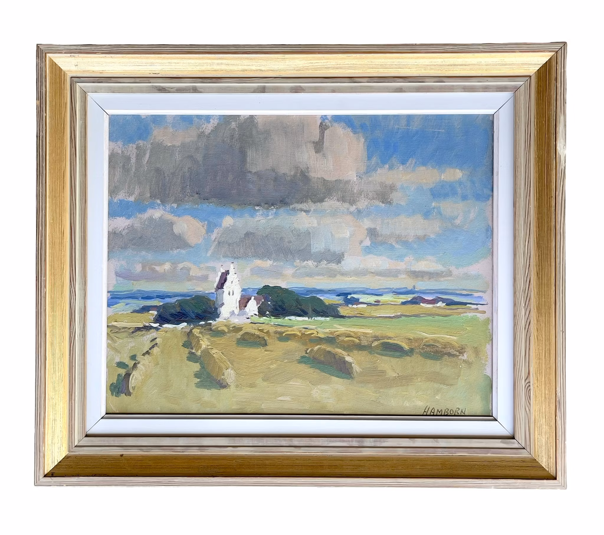Axel Hamborn (1892-1971)- Landskap med kyrka - Oljemålning på pannå