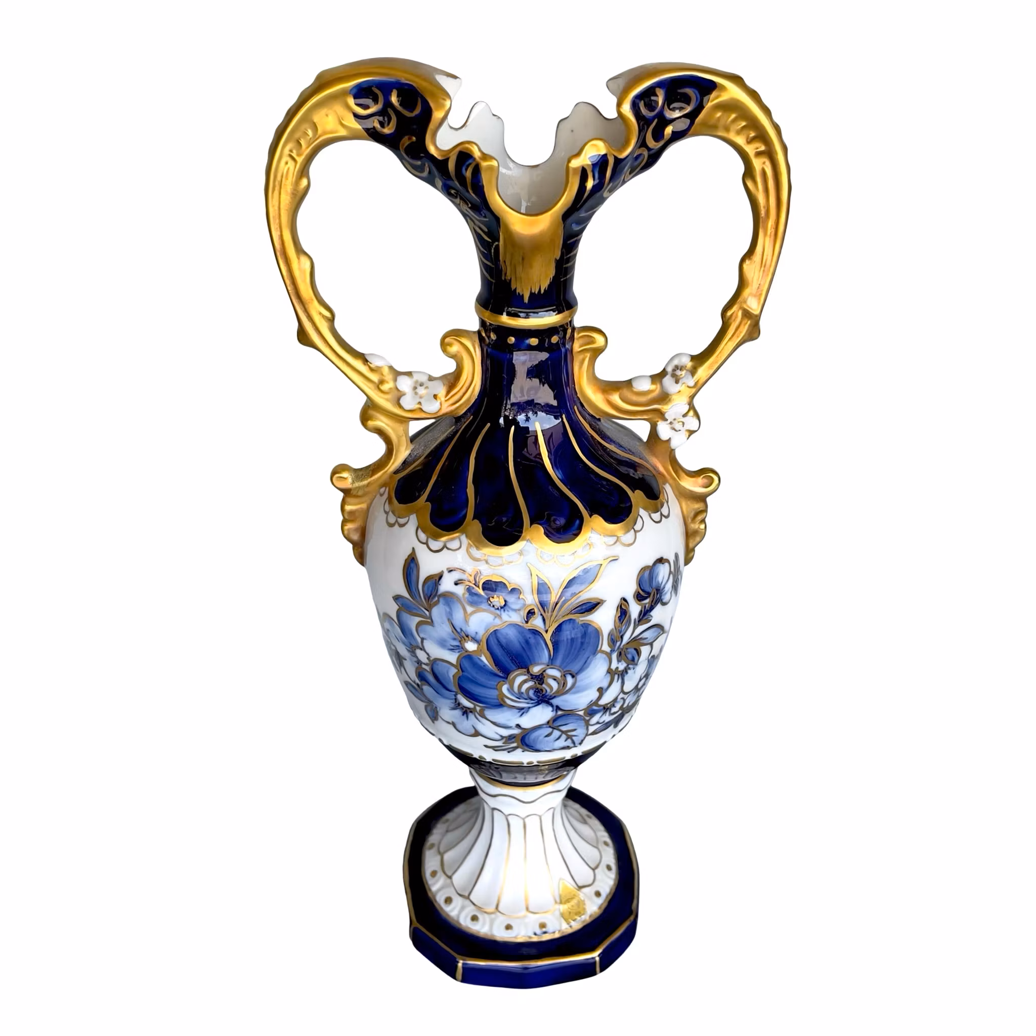 Praktfull Royal Dux Bohemia vas - Handmålad porslinsvas med koboltblått & Rik guld förgyllning