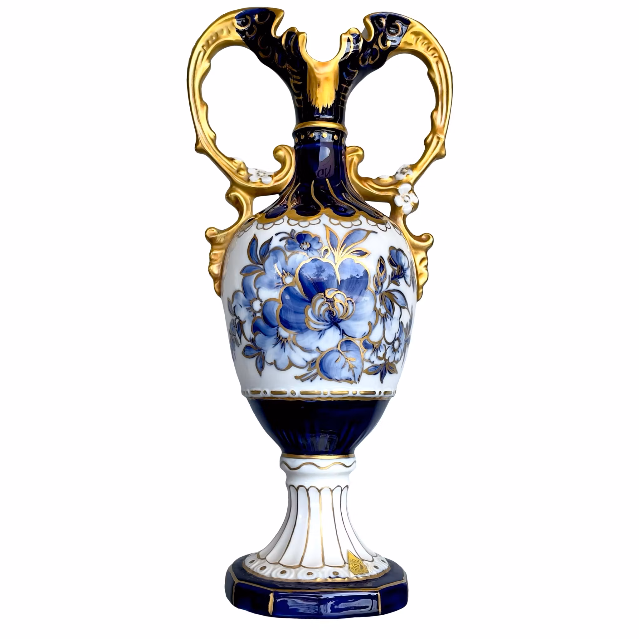 Praktfull Royal Dux Bohemia vas - Handmålad porslinsvas med koboltblått & Rik guld förgyllning