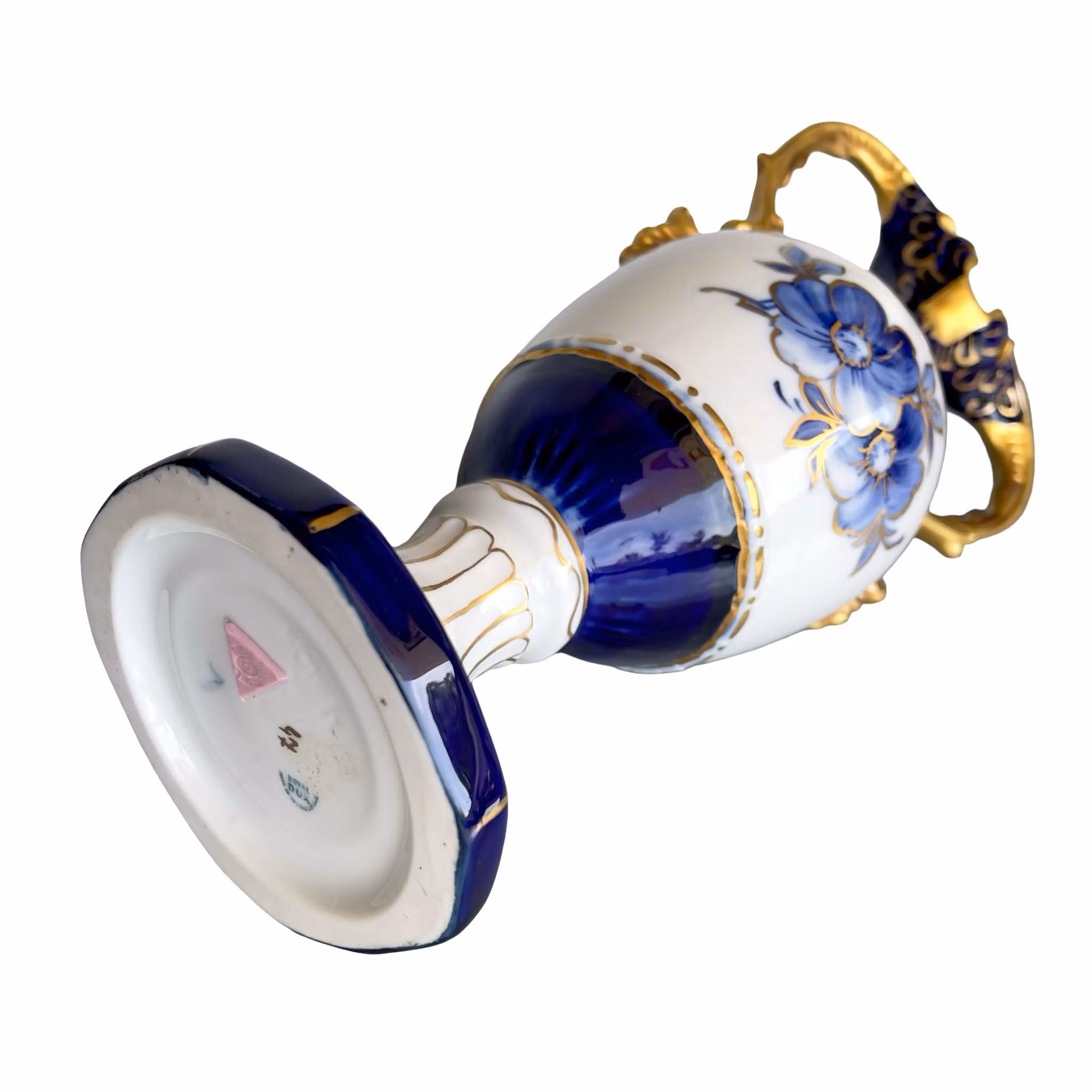 Praktfull Royal Dux Bohemia vas - Handmålad porslinsvas med koboltblått & Rik guld förgyllning