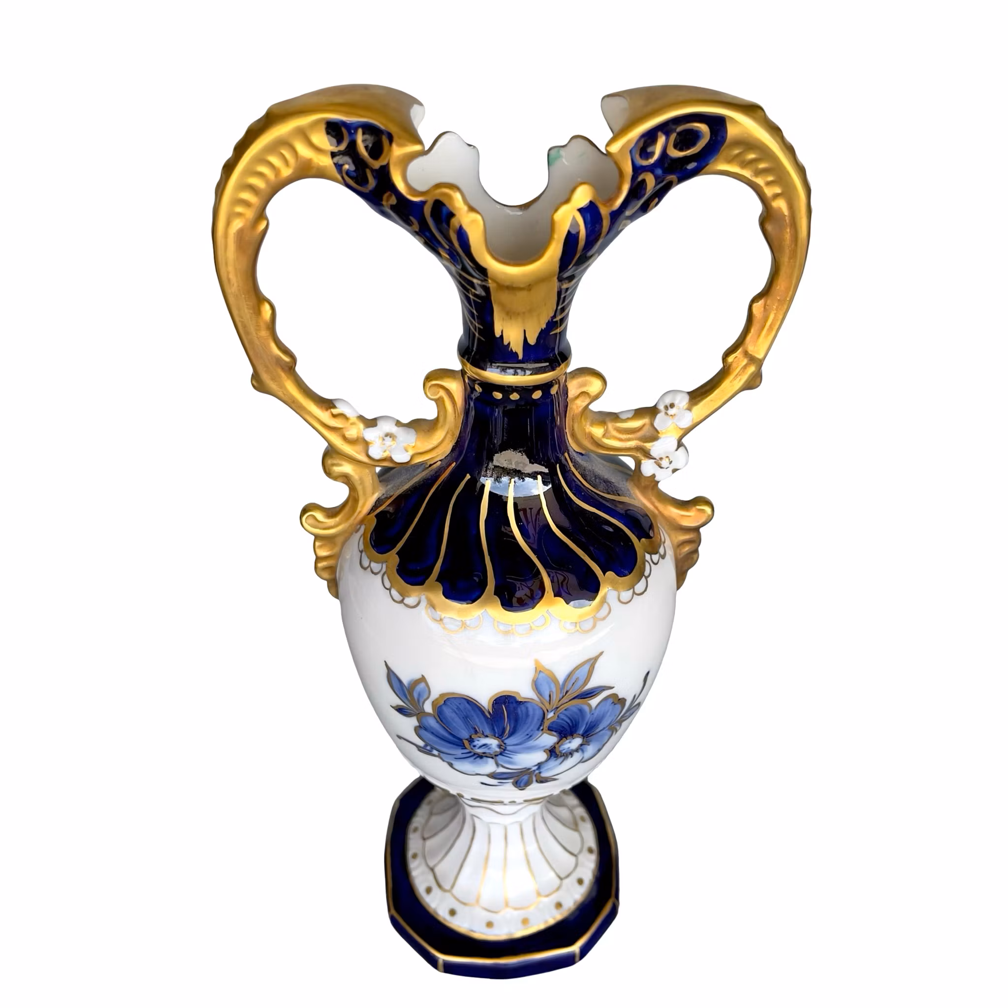 Praktfull Royal Dux Bohemia vas - Handmålad porslinsvas med koboltblått & Rik guld förgyllning