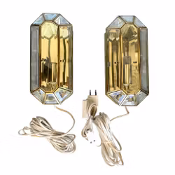 Eksklusivt par vegglamper i messing og fasettert glass Vintage / Hollywood Regency / Art Deco-stil