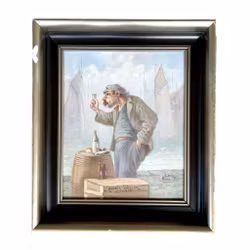 Anders Wallin - Oljemaleri på panel - Havnescene med fiskere 1944