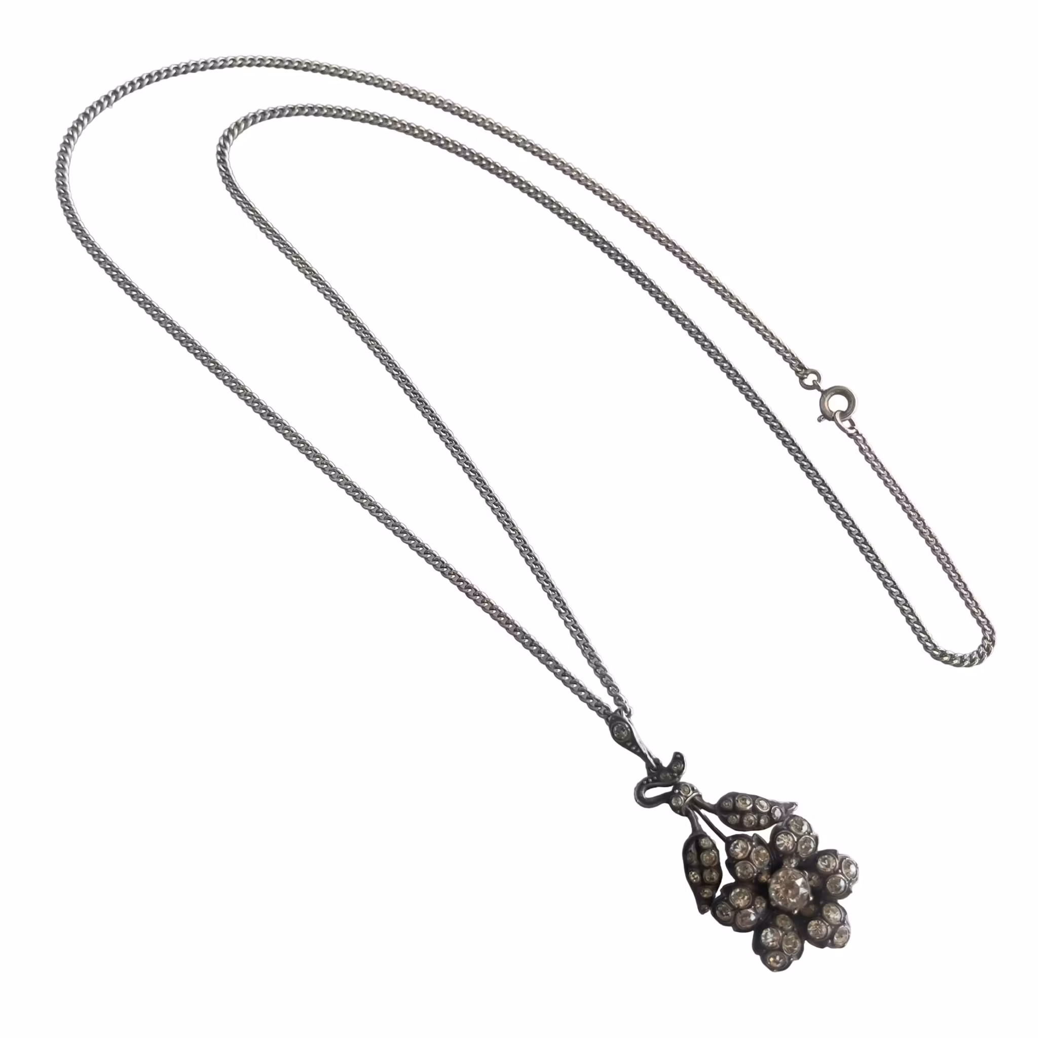 Antikt Hänge i Silver 835 med Strass - Jugendstil Blomma med Kedja