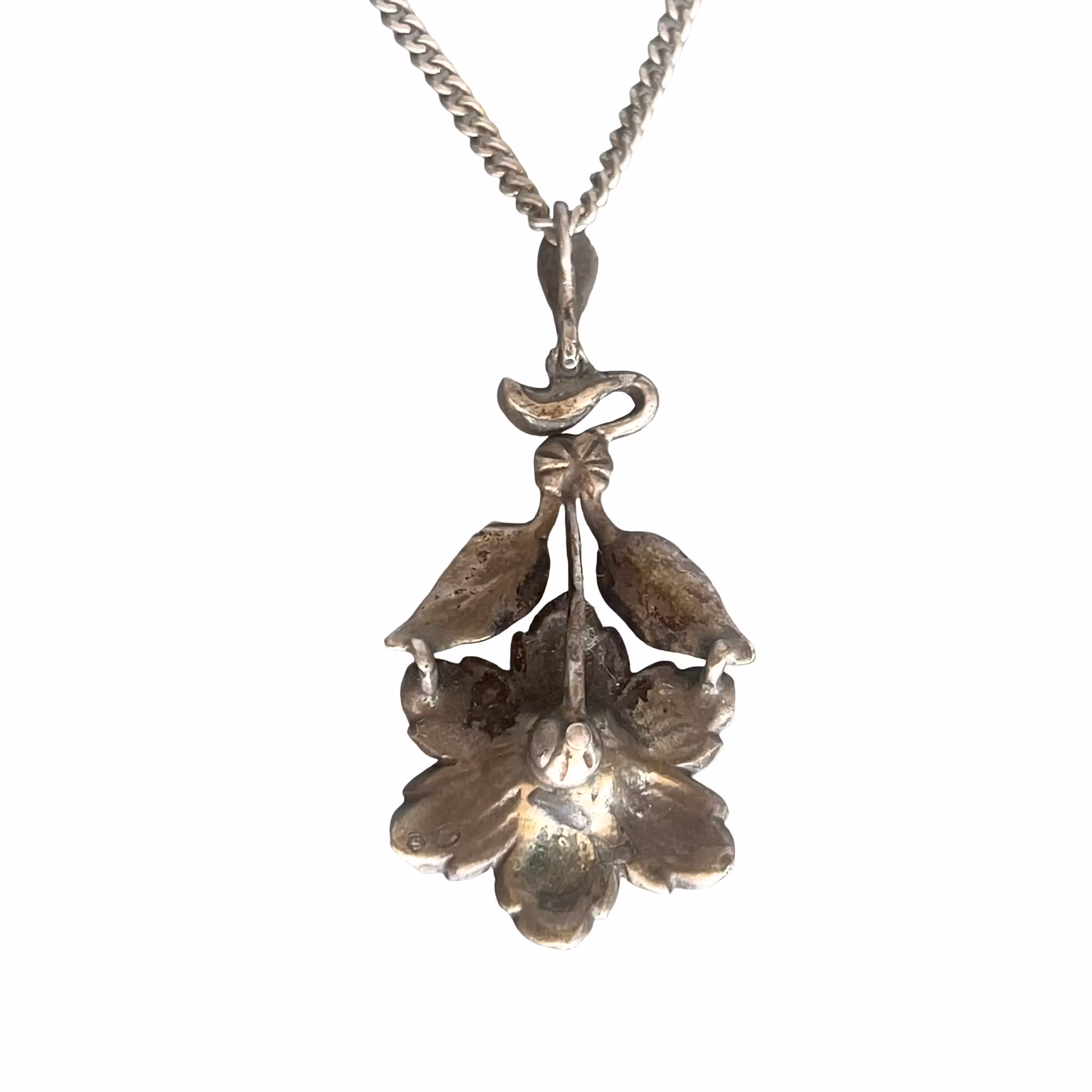 Antikt Hänge i Silver 835 med Strass - Jugendstil Blomma med Kedja
