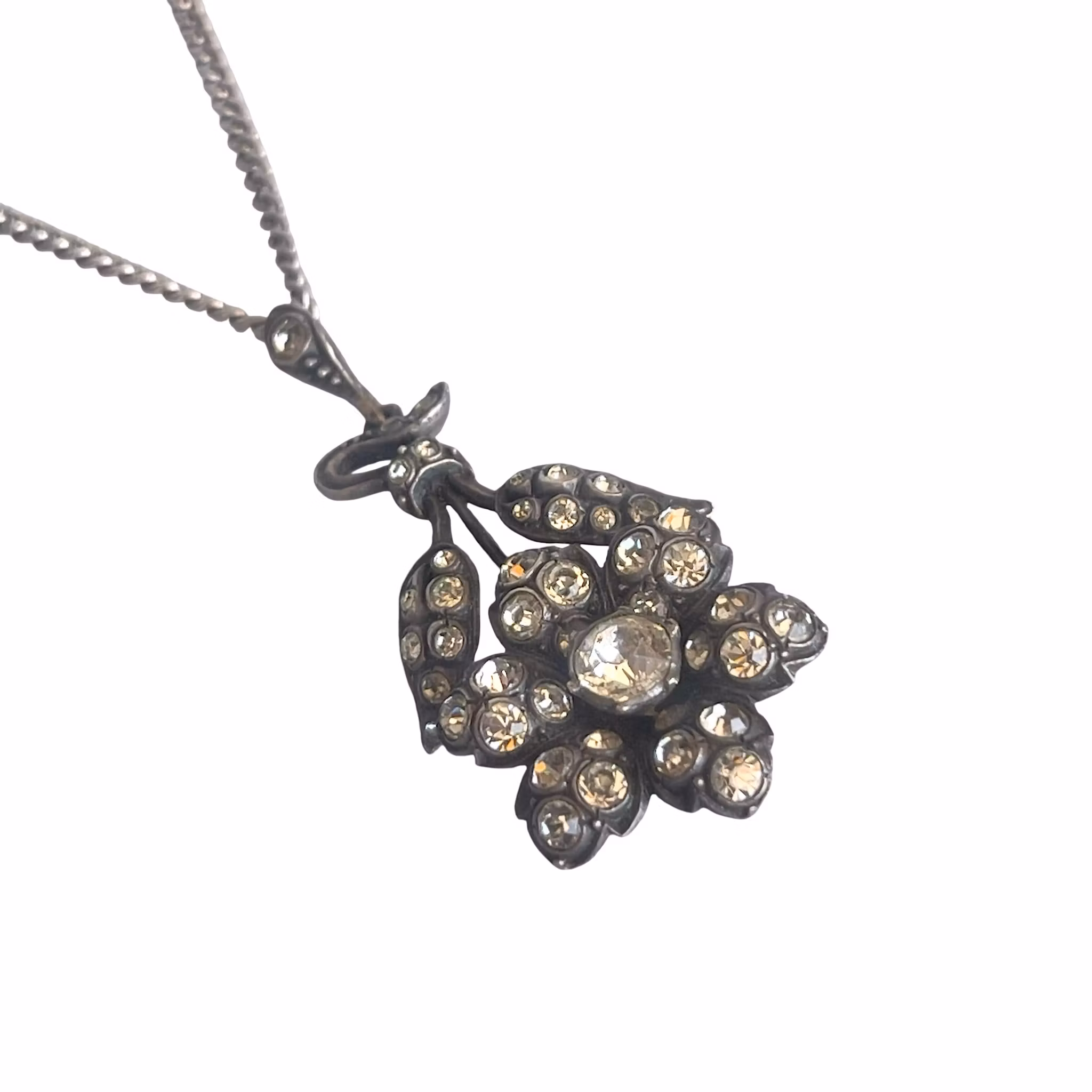 Antikt Hänge i Silver 835 med Strass - Jugendstil Blomma med Kedja