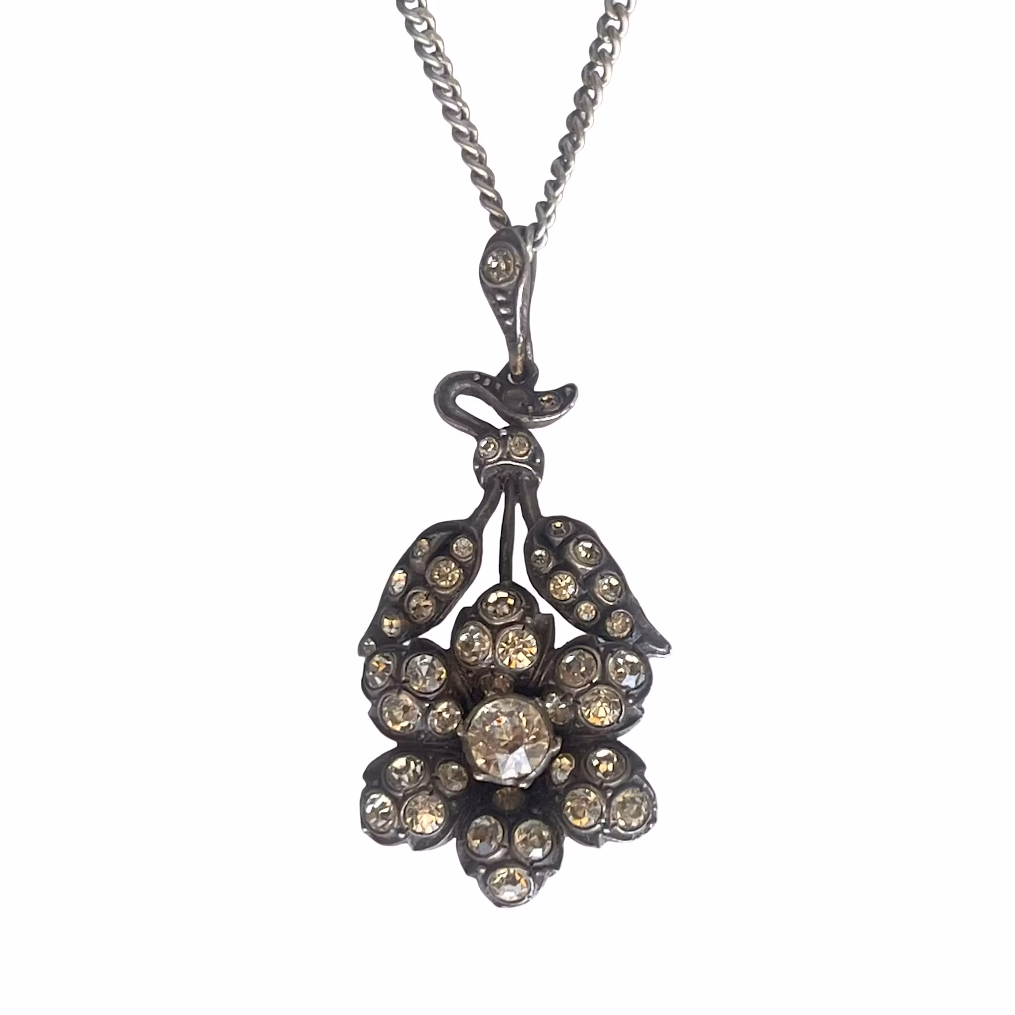 Antikt Hänge i Silver 835 med Strass - Jugendstil Blomma med Kedja