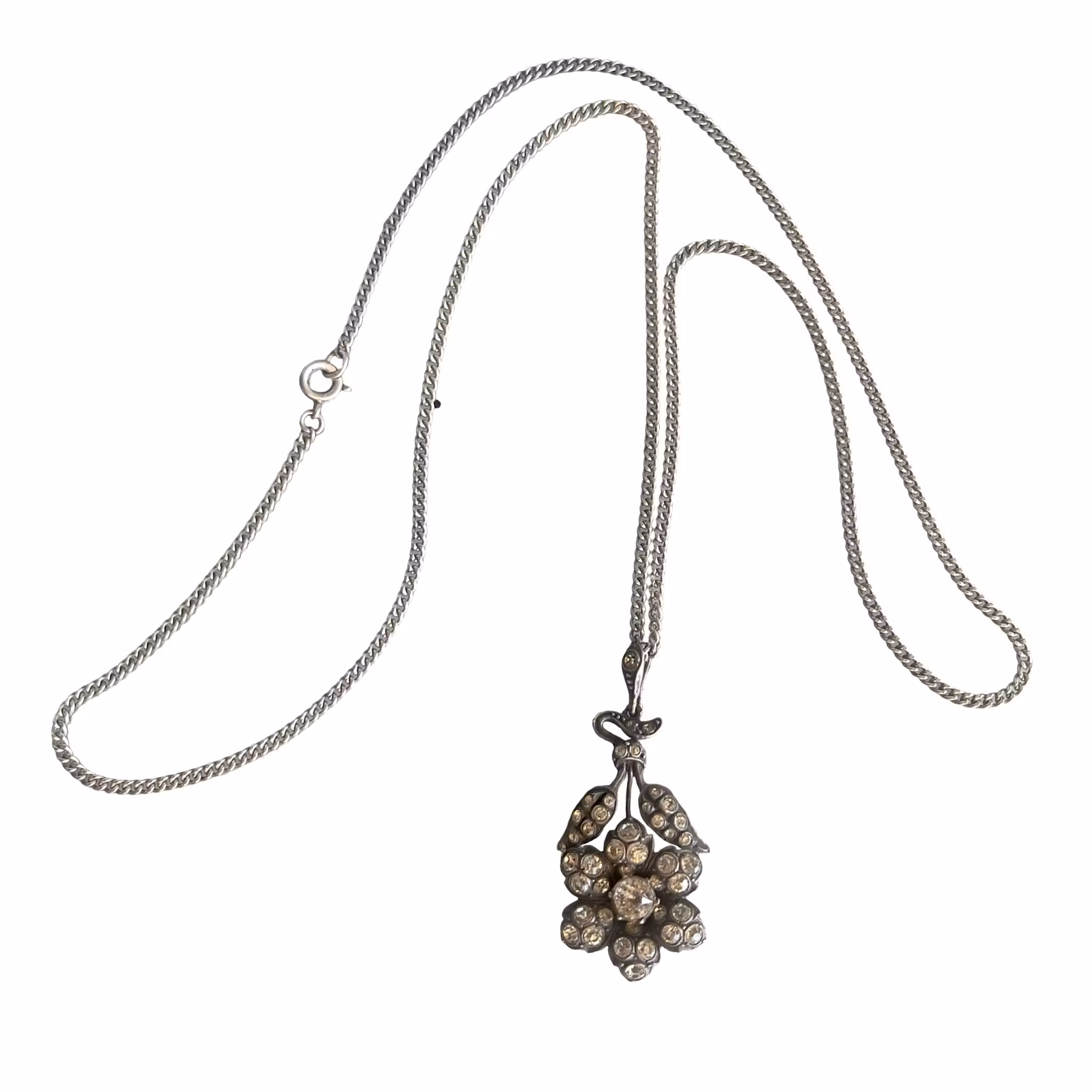 Antikt Hänge i Silver 835 med Strass - Jugendstil Blomma med Kedja