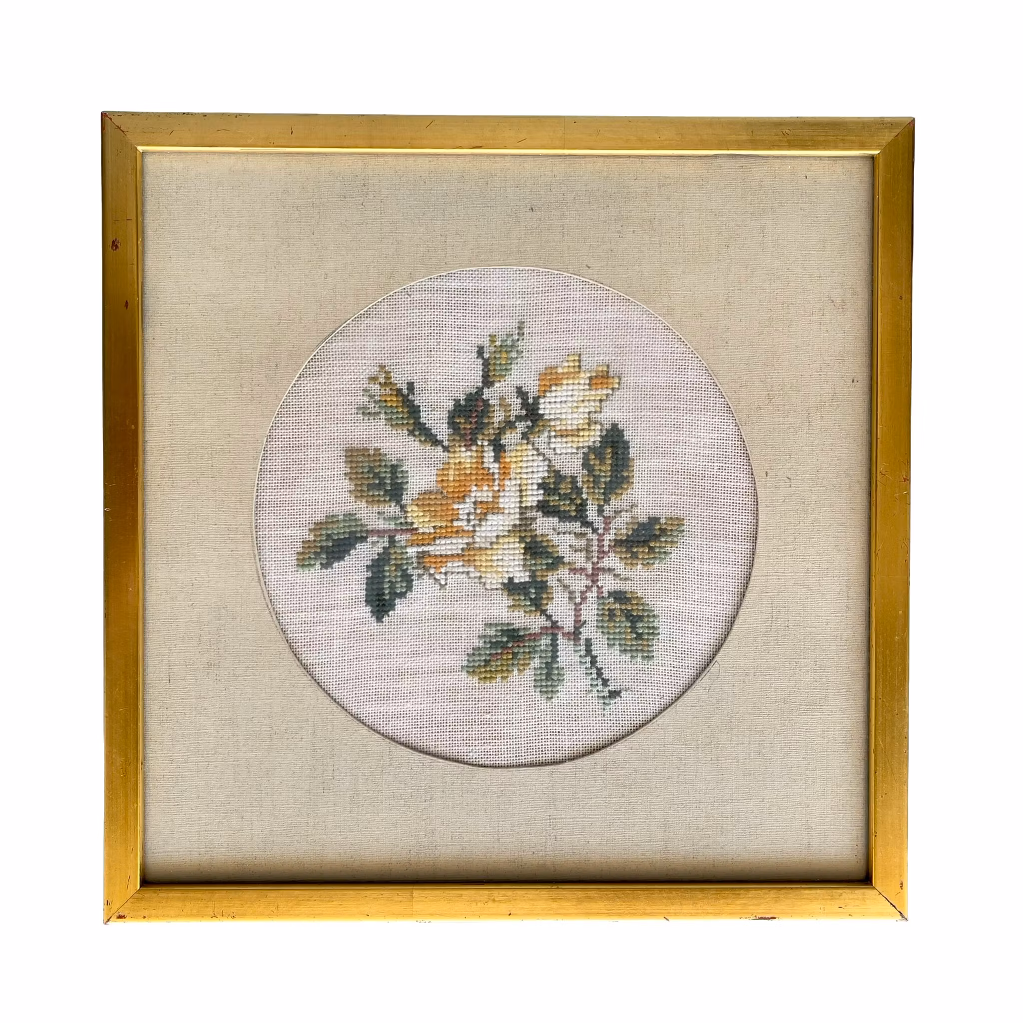 Två Handbroderade Tavlor med Blomstermotiv - Vintage Hantverk i Eleganta Ramar