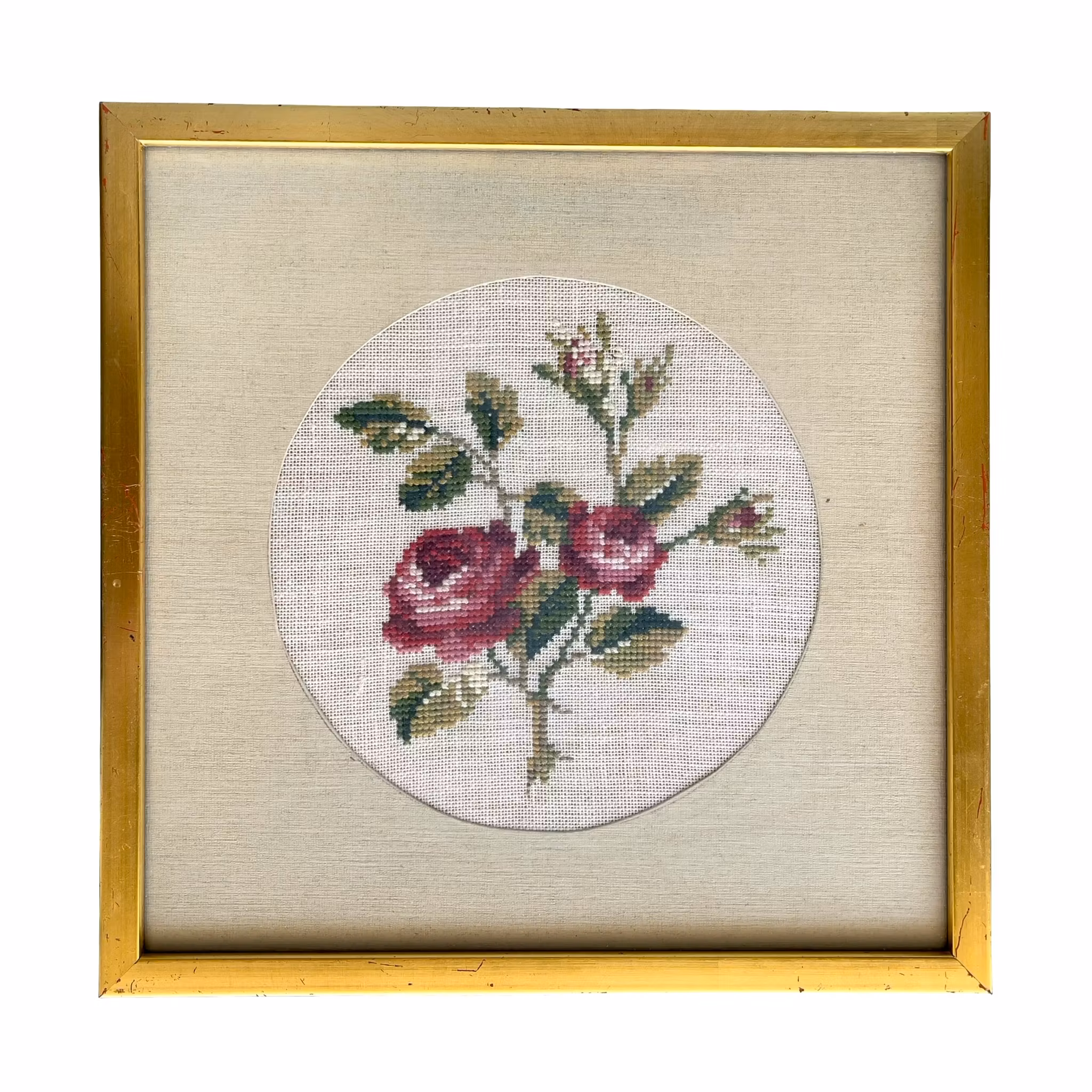 Två Handbroderade Tavlor med Blomstermotiv - Vintage Hantverk i Eleganta Ramar